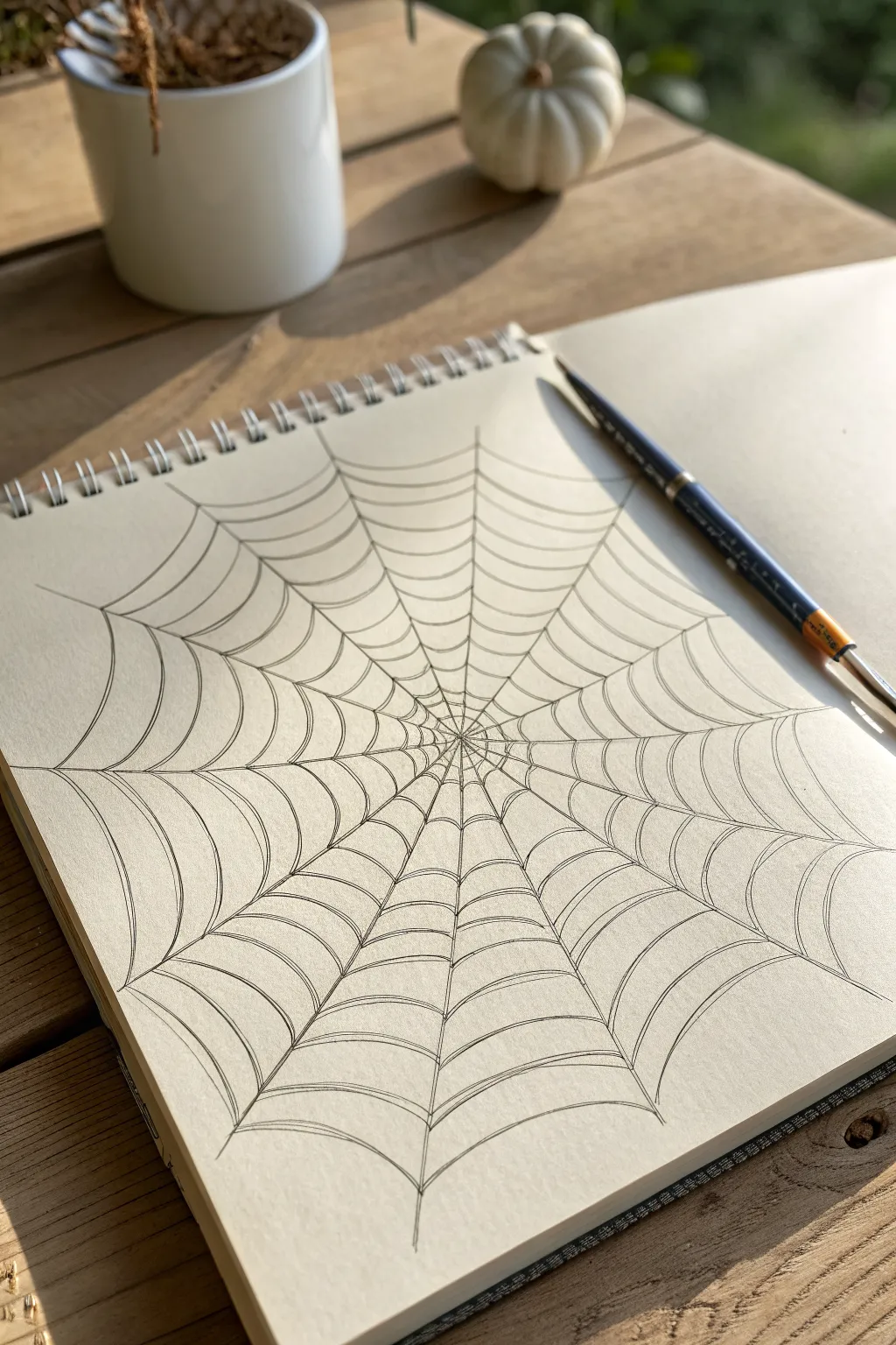 Classic centered orb web: crisp spokes and gentle arcs for a clean, modern spiderweb sketch