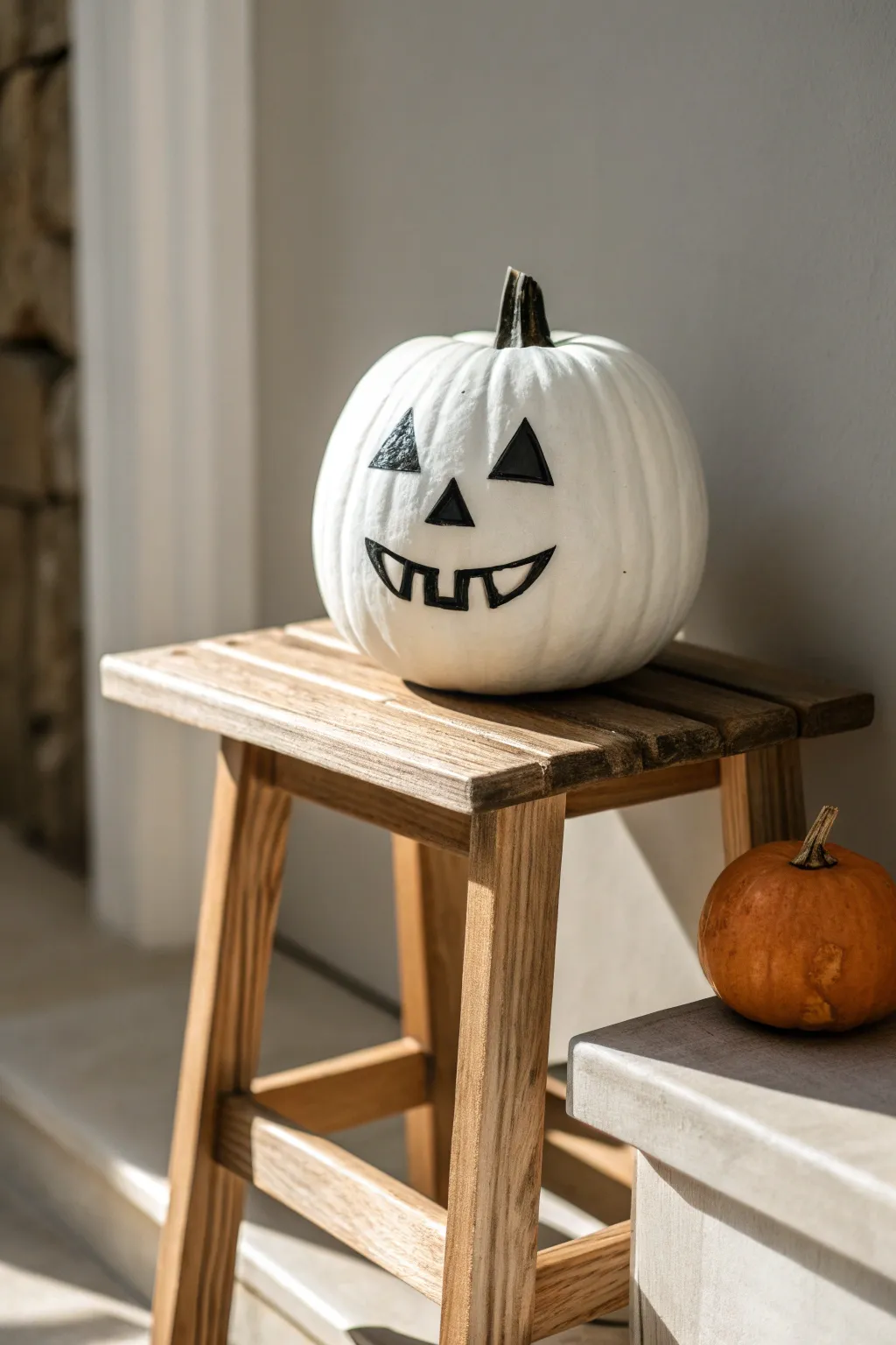 Classic black jack-o-lantern face on a cool white pumpkin, minimal and high contrast