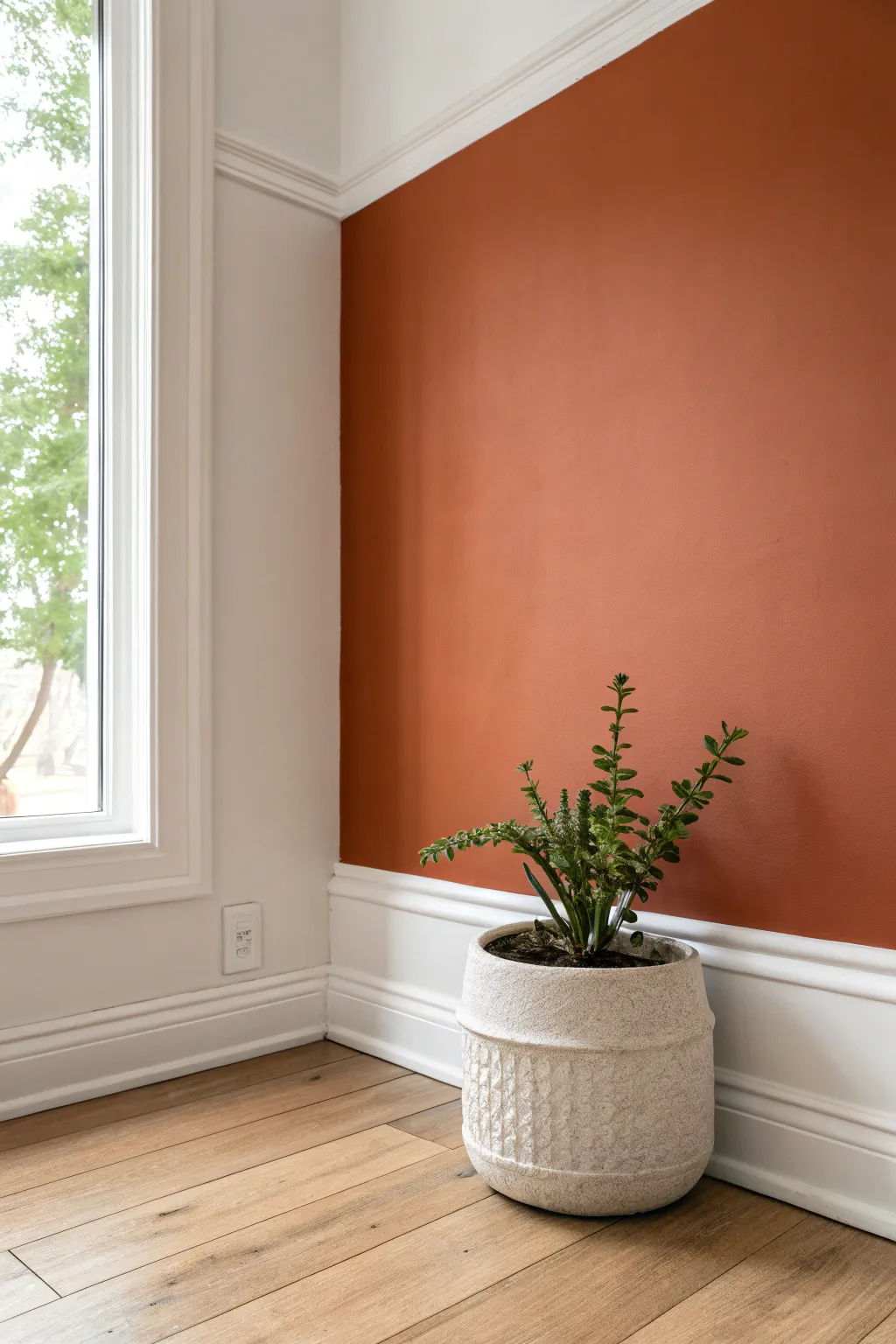 Two-tone corner color blocking with a single plant makes an instant cozy, modern nook.