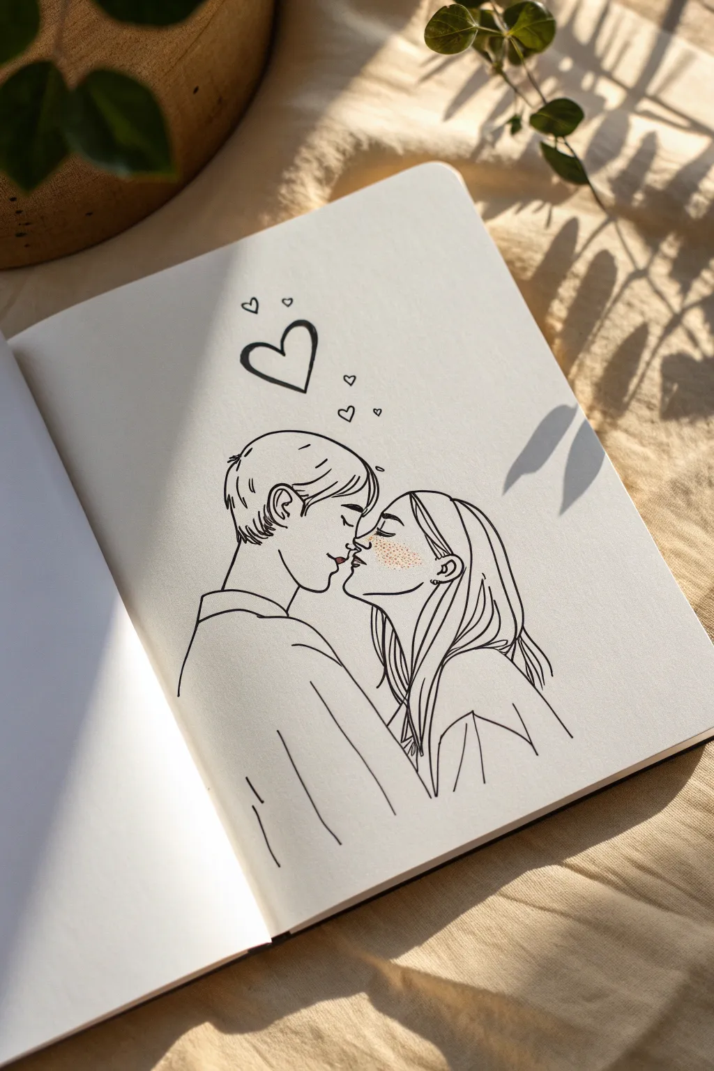 Minimal side hug couple sketch with a tiny heart above, clean lines and cozy calm vibes