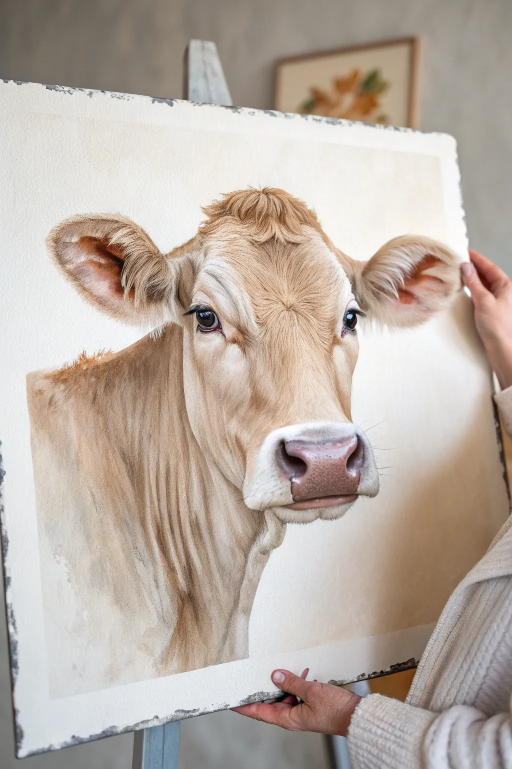 Classic cow portrait with soft eyes in minimalist neutrals, perfect for calm Scandinavian vibes