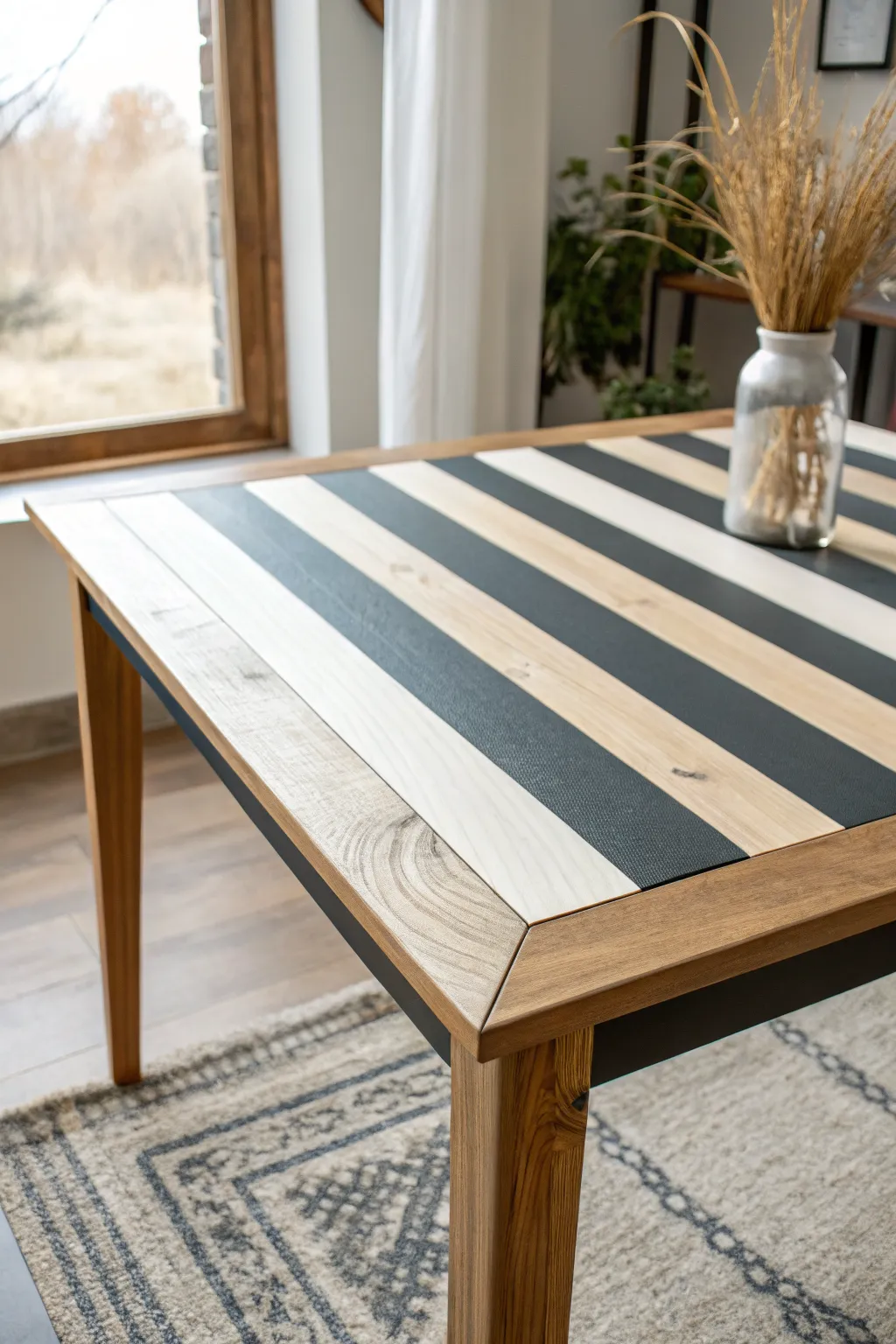 Crisp painters tape stripes for a Scandinavian look, with razor sharp edges and a soft satin sheen