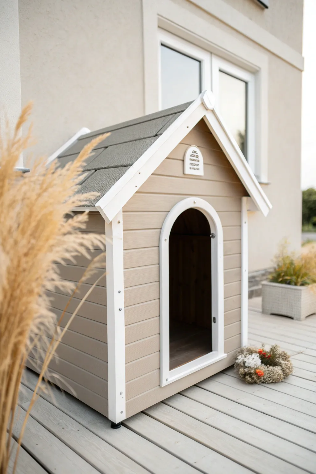 Classic cottage dog house in soft greige with crisp white trim and clean, handcrafted edges