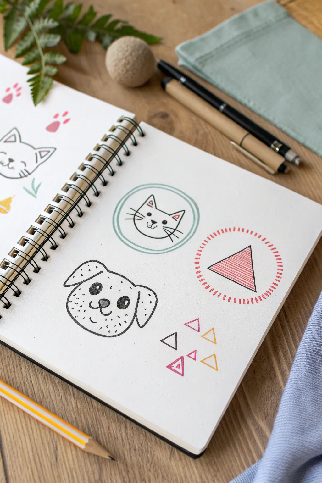 Cute animals from circles and triangles on a clean sketchbook page, simple drawing ideas for kids
