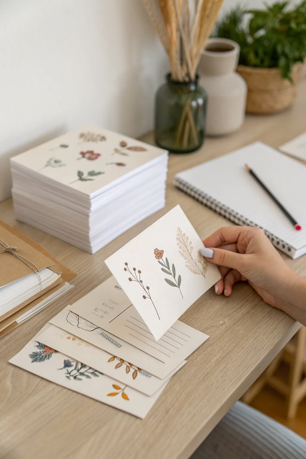 Postcard-size art prints stacked and ready to share, minimalist sketches in a calm studio scene.
