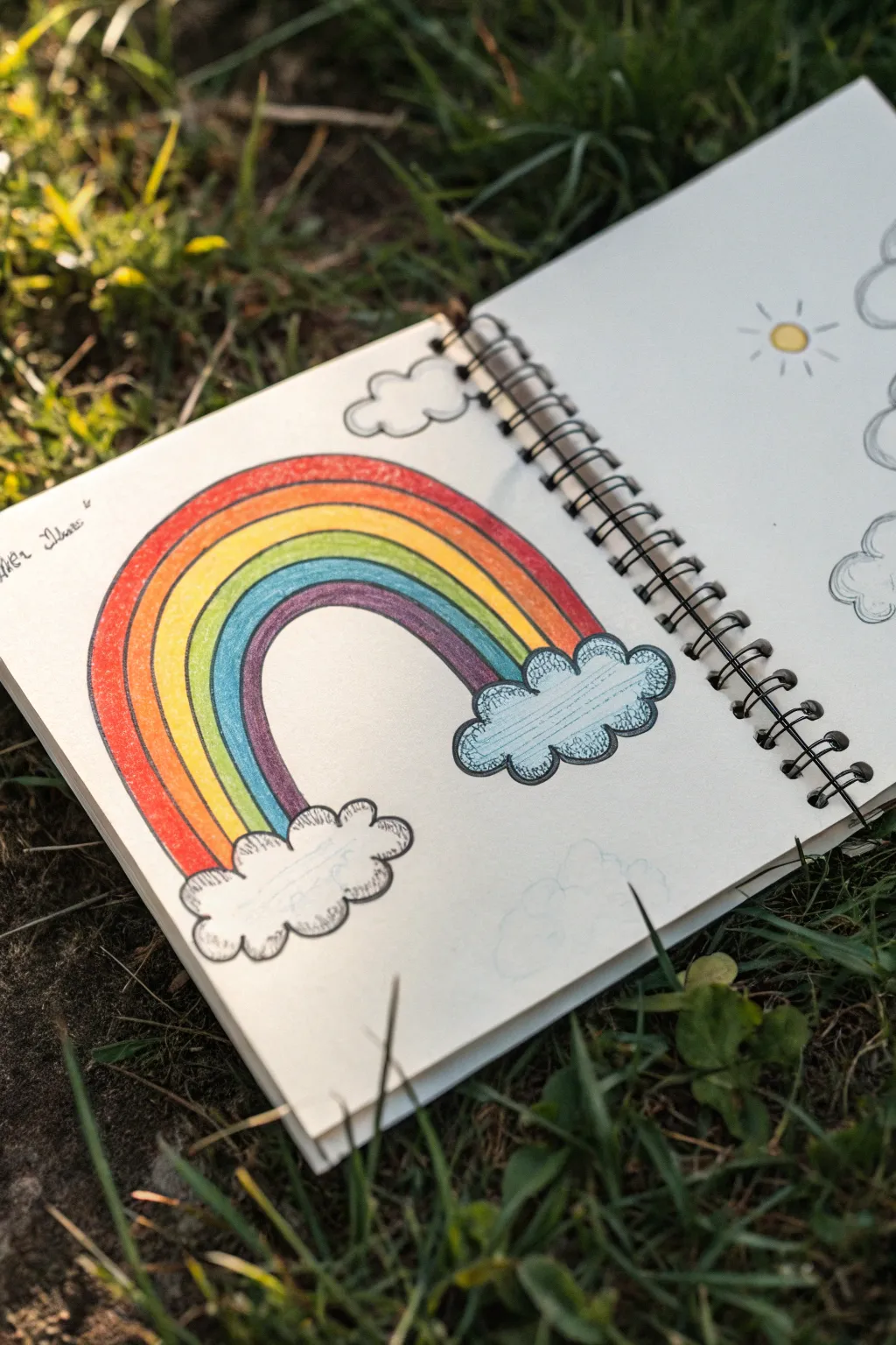 Classic rainbow arch with fluffy clouds in a clean sketchbook look, bright colors, calm minimal vibe.