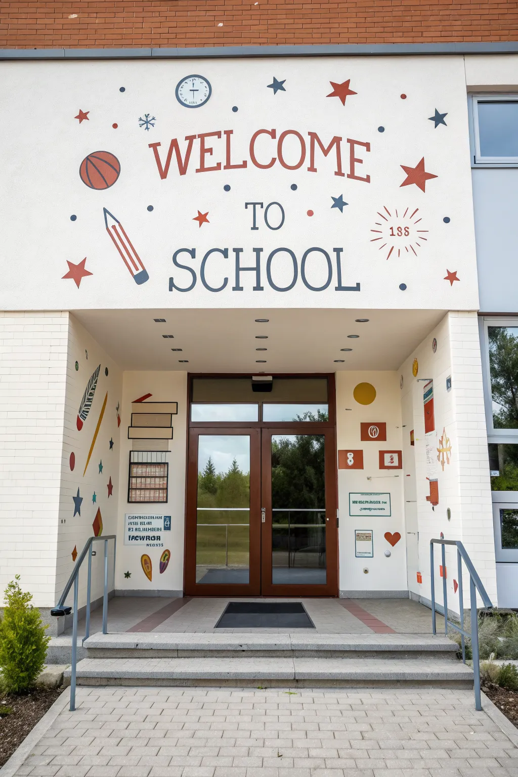 Bright minimalist entrance wall mural with school icons and space for a welcoming name