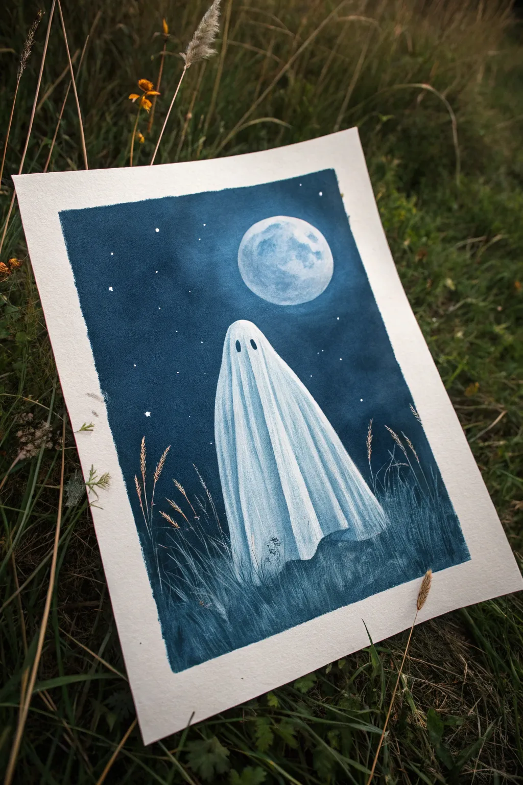 Simple sheet ghost glowing in moonlight, a minimalist creepy painting idea with calm Nordic vibes.