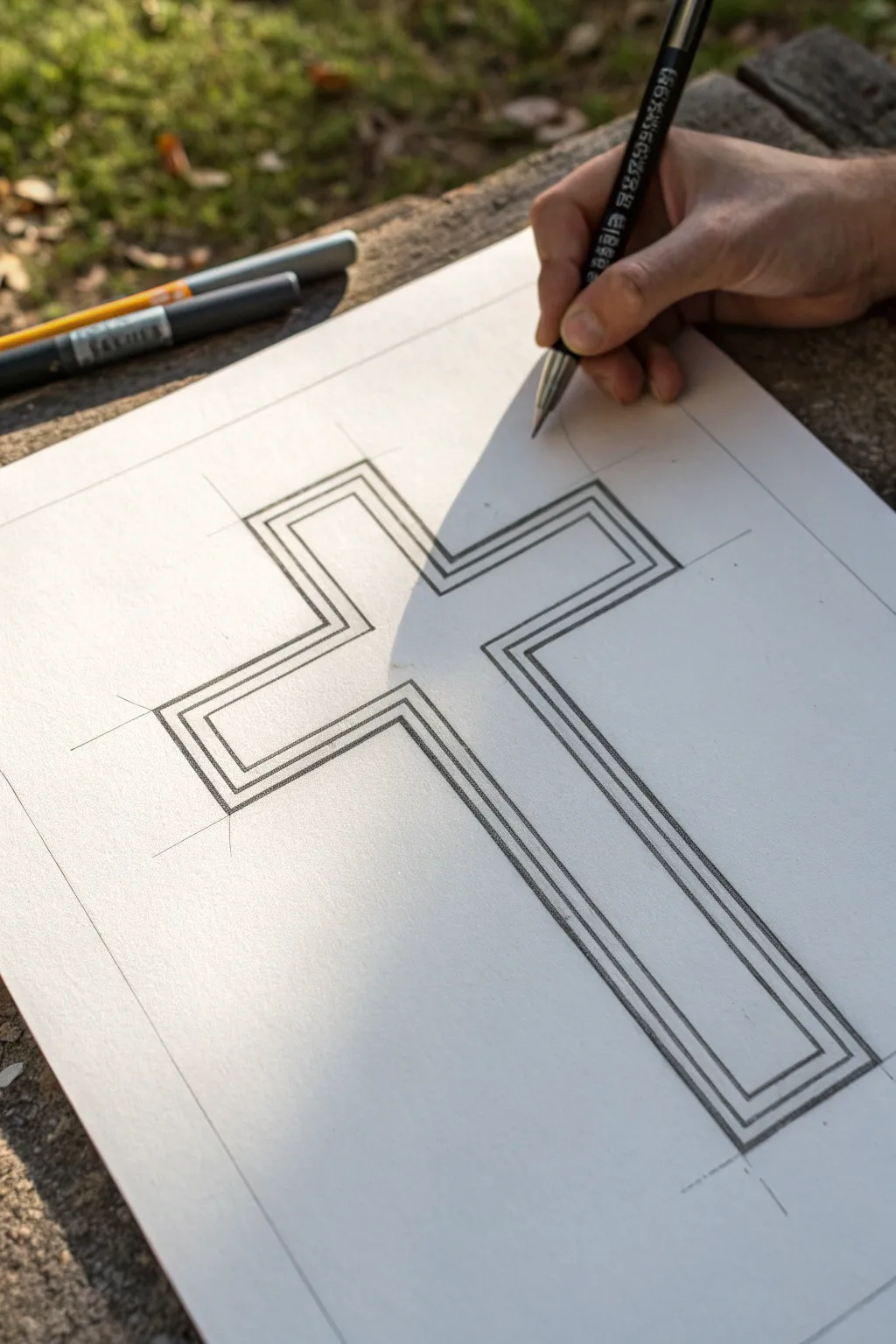 Classic Latin cross outline in pencil with clean line weight, minimalist and high contrast