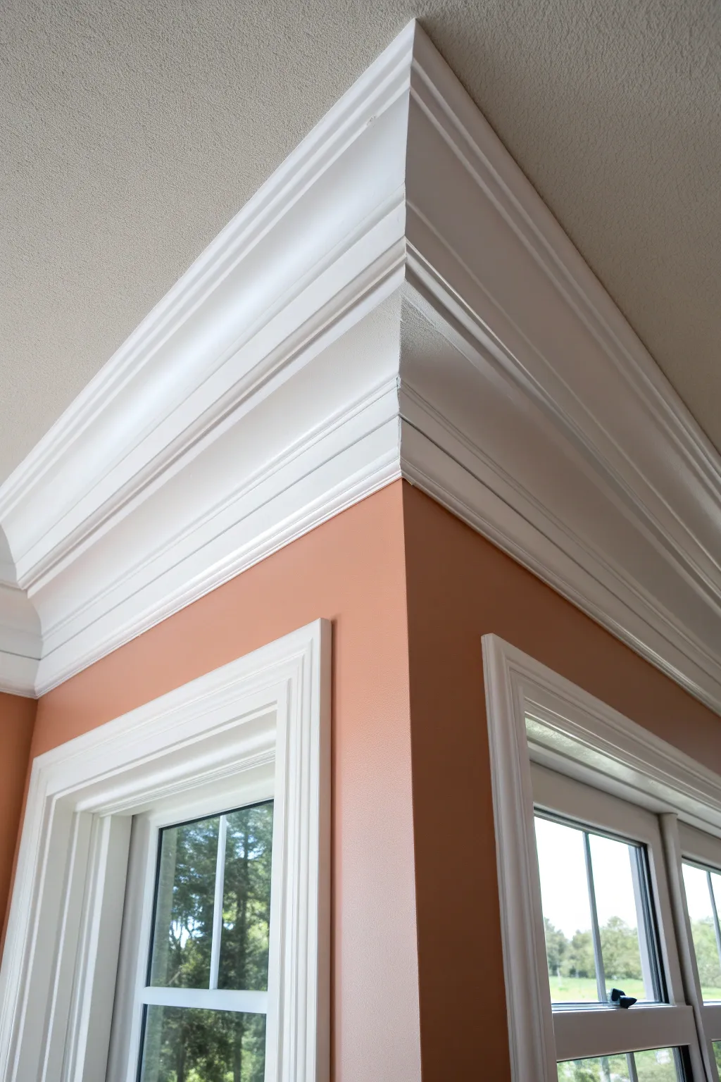 Classic bright white crown molding pops against a soft clay wall in clean Scandinavian light.
