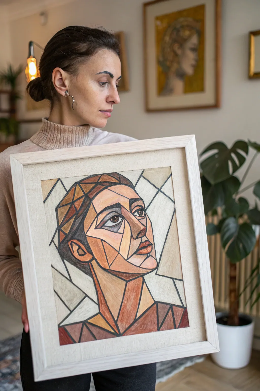 Fractured cubist face portrait in clean Scandinavian tones with bold planes and artisan texture.