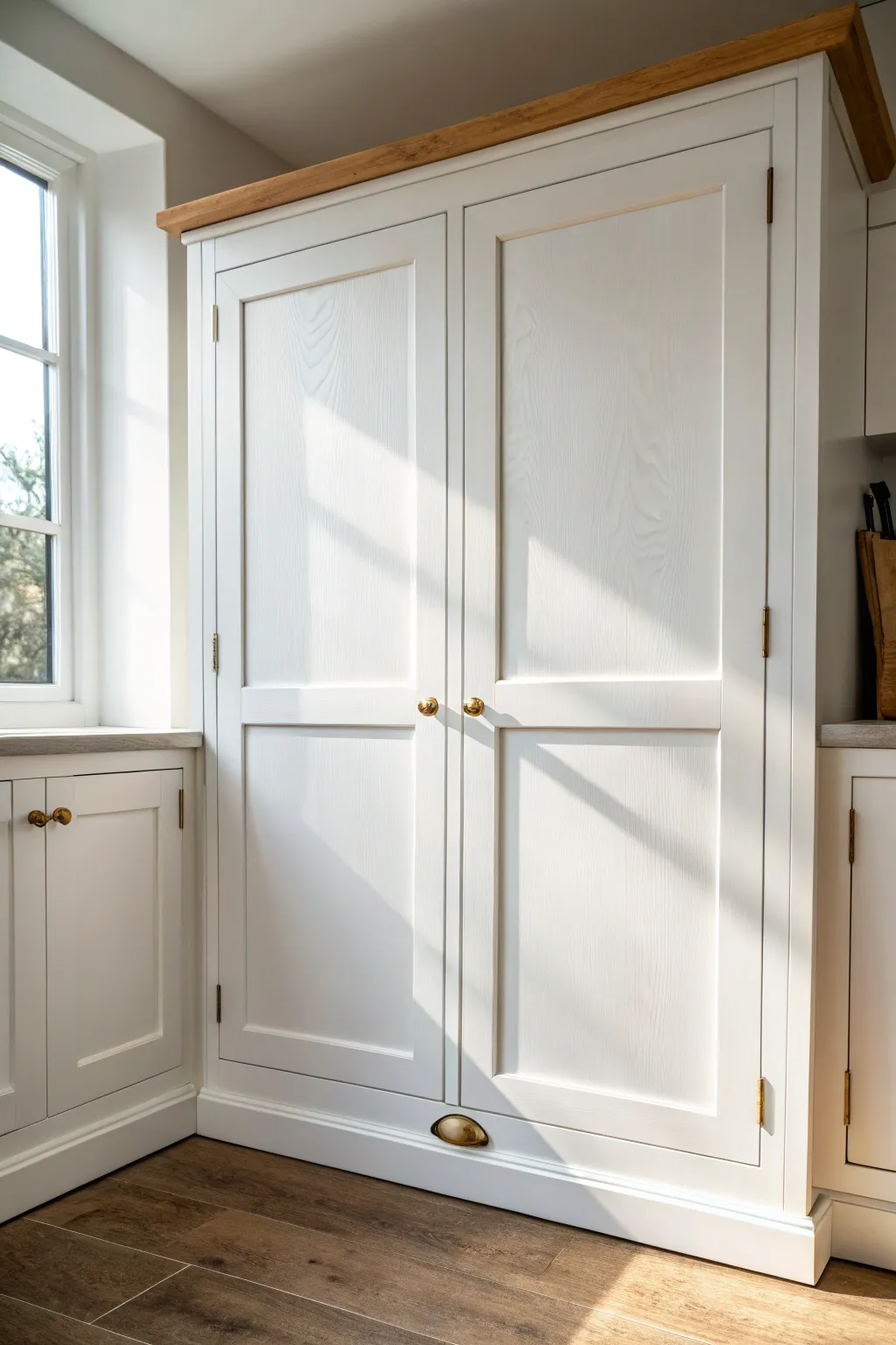 Timeless white shaker cupboards in soft daylight, minimal lines and warm wood contrast.
