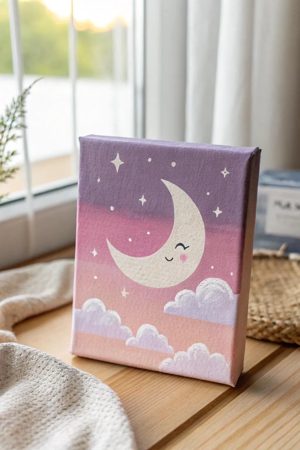 Pastel ombré sky and a smiling crescent moon, a cute beginner acrylic mini canvas idea.