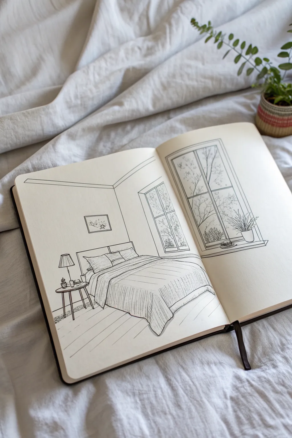 Cute one-point perspective bedroom wall sketch with a centered bed and simple, cozy details
