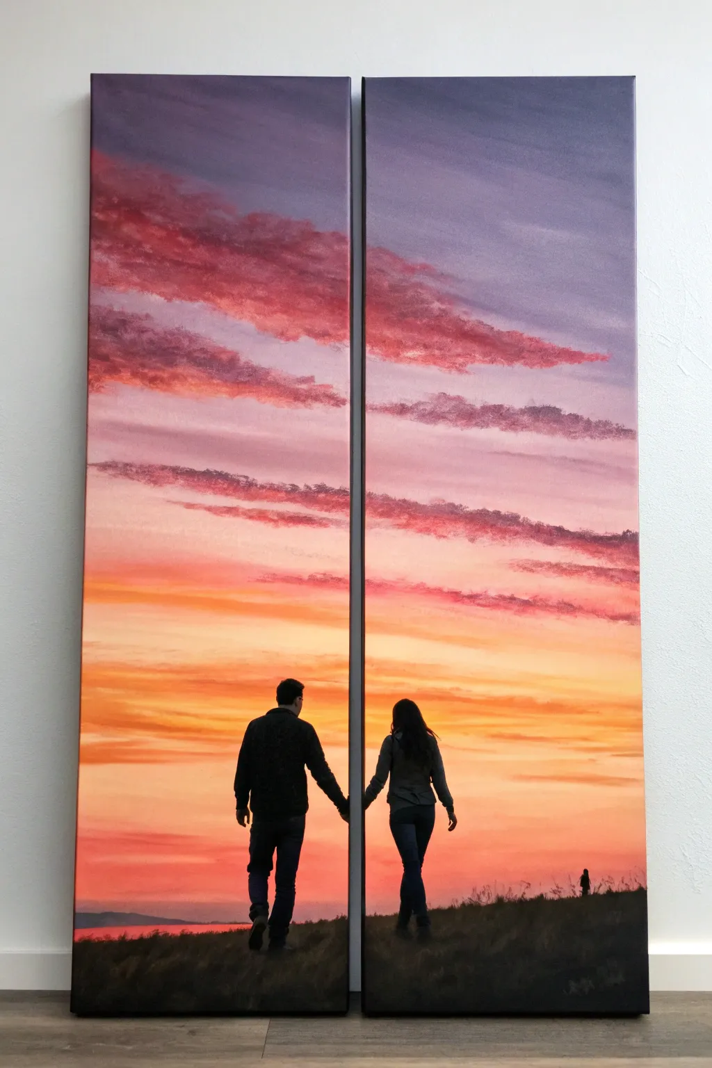 Split-canvas sunset gradient with a couple silhouette holding hands, centered at the seam