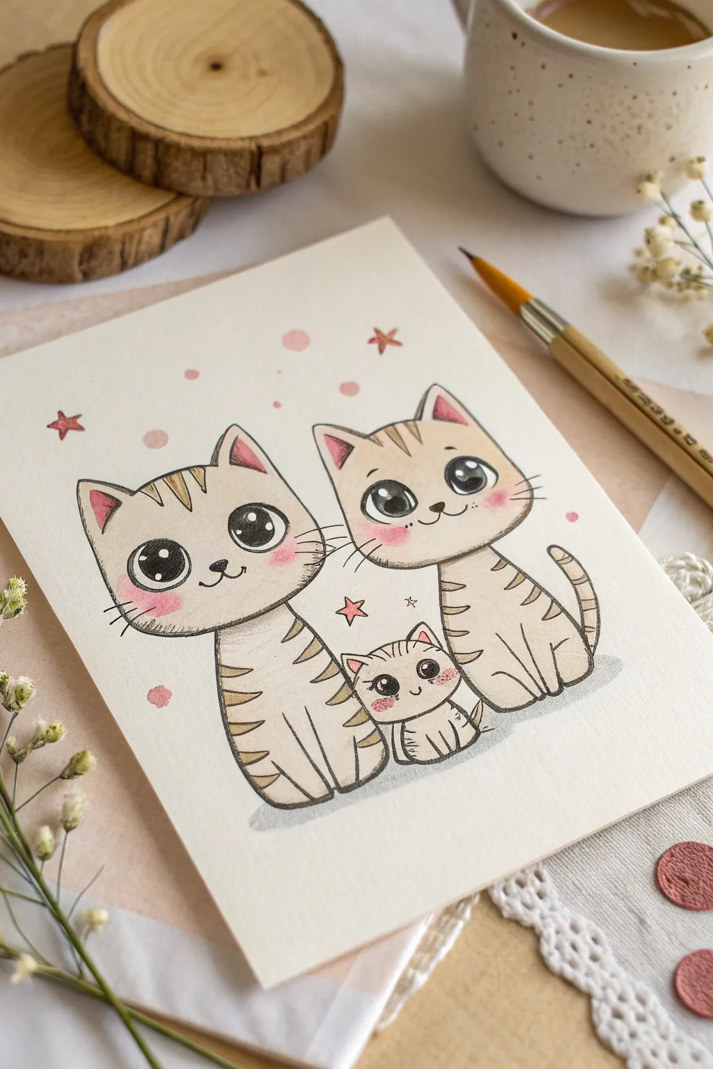 Three sweet chibi cats with big sparkle eyes, blush cheeks, and simple stripes in minimalist style.