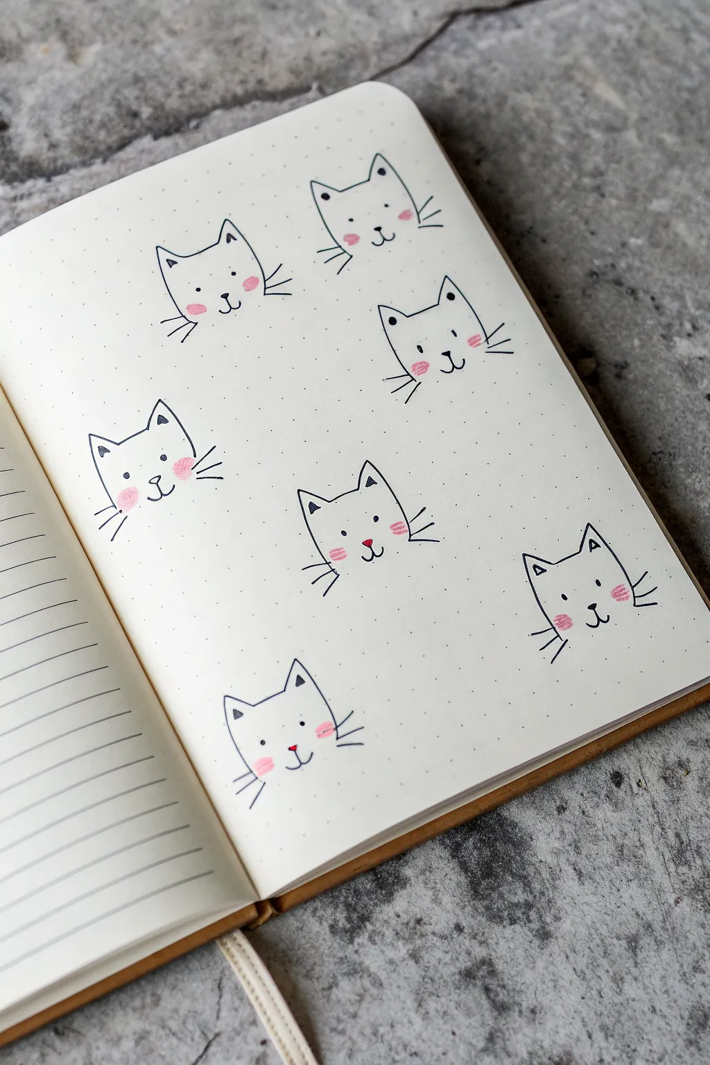 Chubby cat face doodles in a clean sketchbook page with soft blush accents and calm vibes
