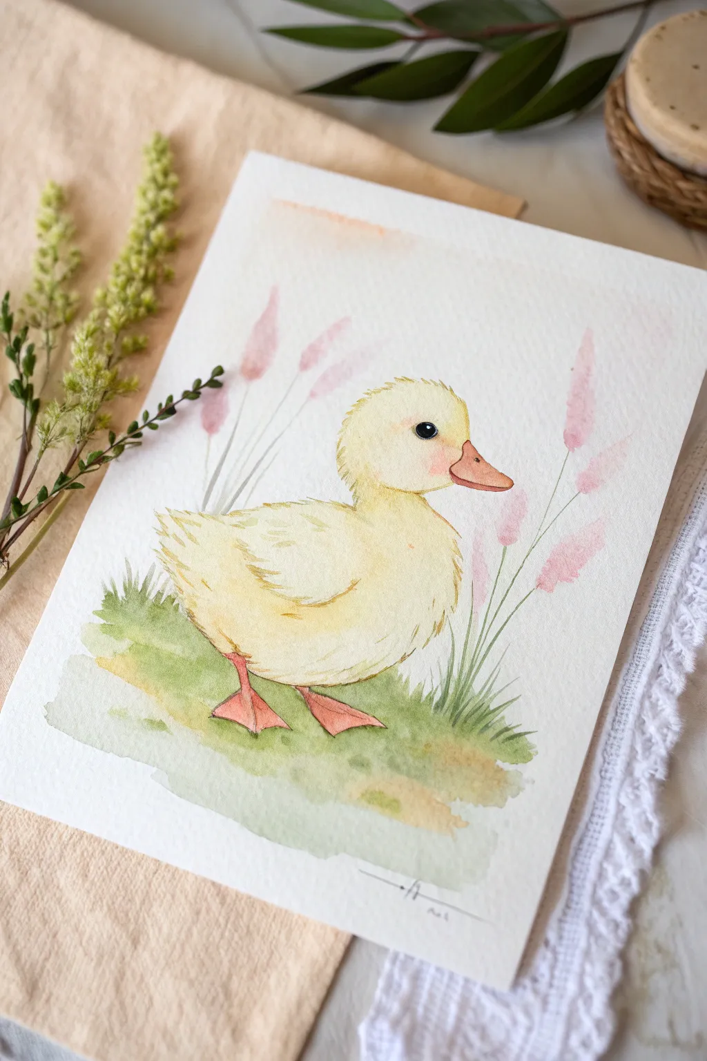 Soft pastel duckling profile with blush cheeks and airy minimalist wash, perfect for beginners