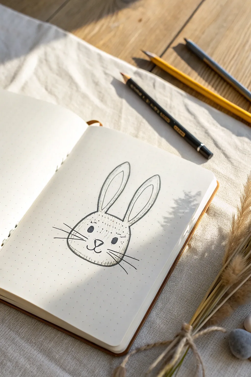 Simple bunny face doodle on a clean sketchbook page, soft pencil lines and airy white space