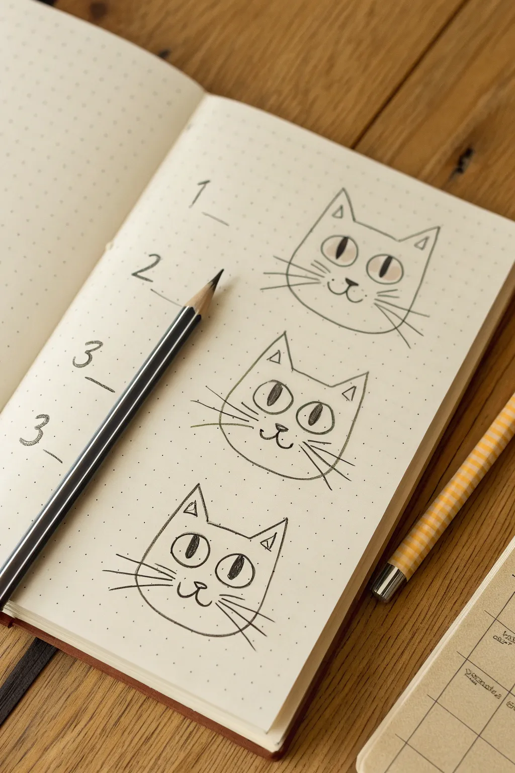 Minimal step by step cat face doodle with big shiny eyes, clean lines, cozy Scandinavian vibe