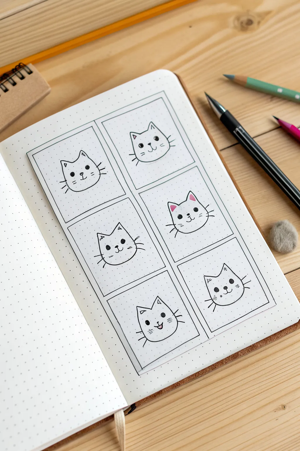 Kawaii cat face in 6 simple steps, clean lines and blush accents for easy practice