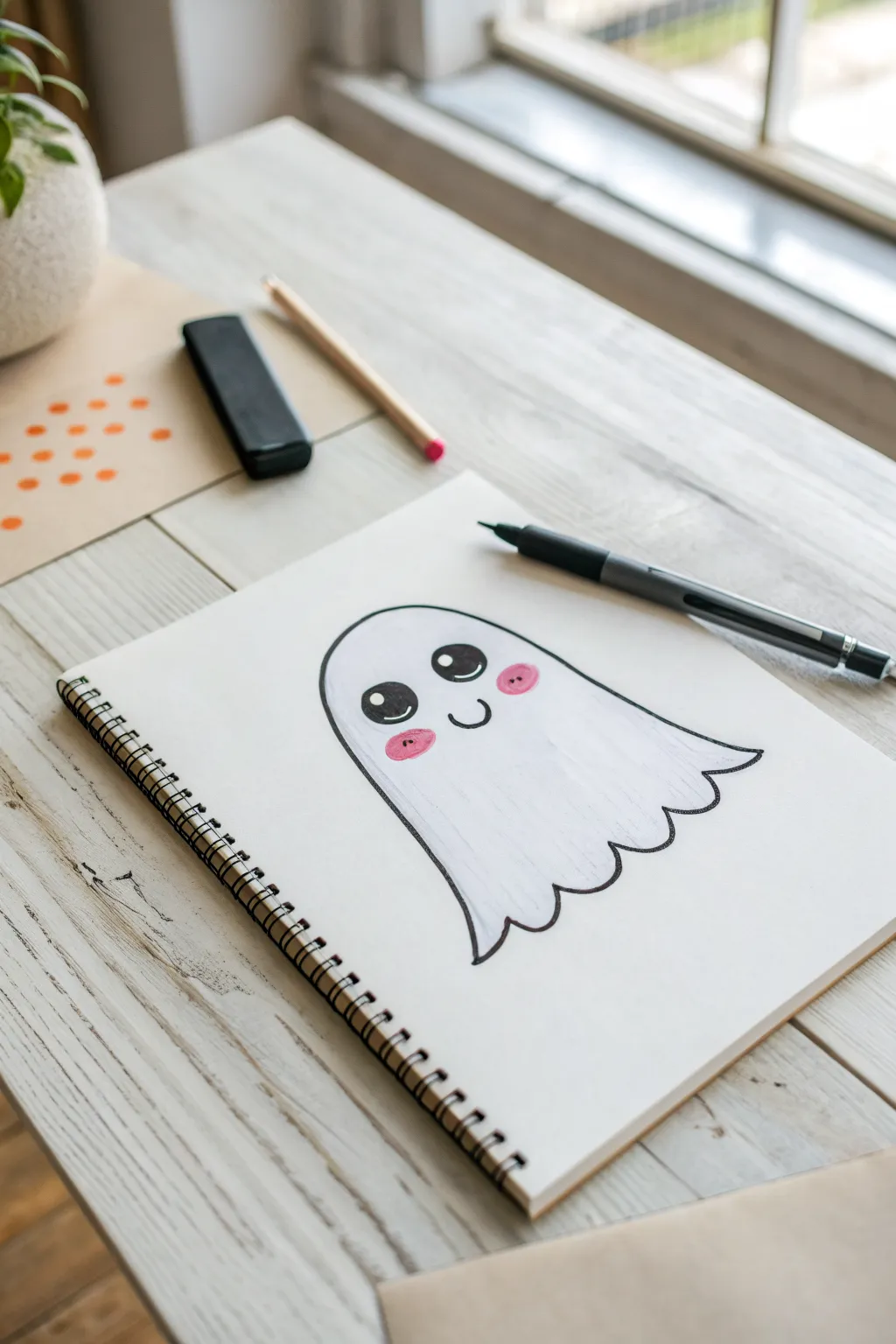 Draw a friendly kawaii ghost with rosy cheeks and bold lines for easy Halloween art