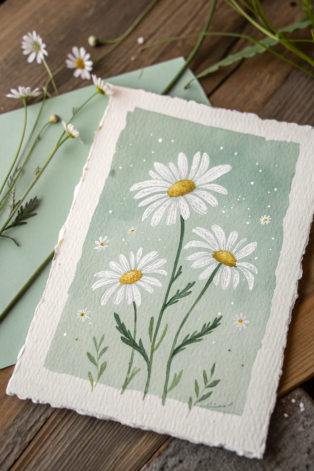 Simple daisy brush-dabs and dotted details on sage green, a cute easy painting on paper