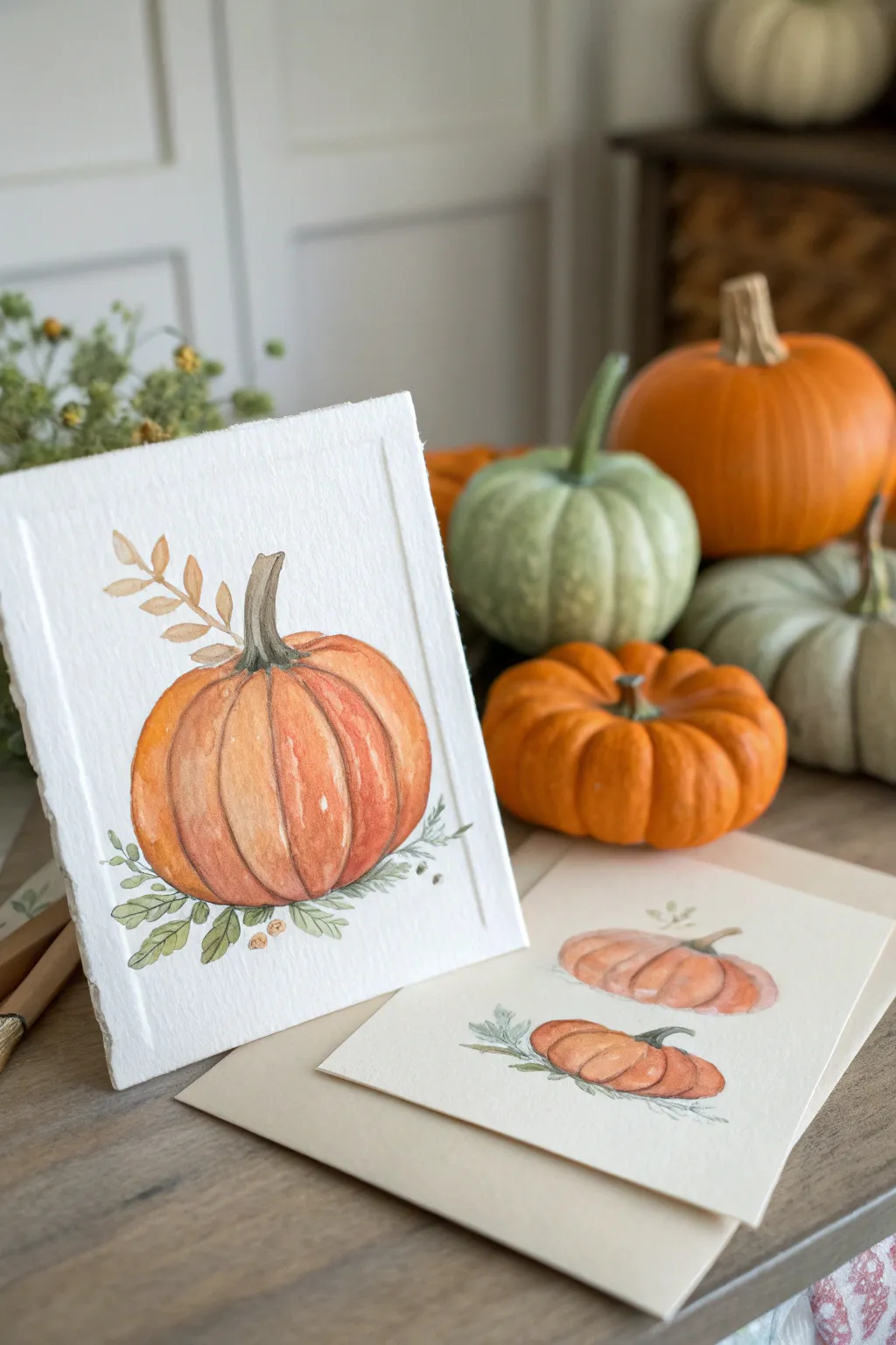 Chunky pumpkin patch painting with cozy fall oranges, sage greens, and minimalist boho charm