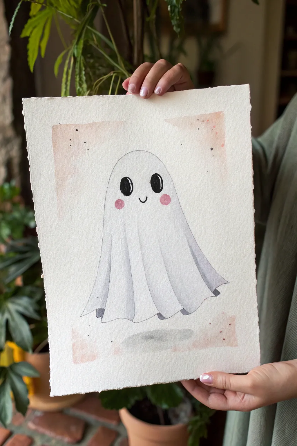 Classic sheet ghost with blush cheeks, minimalist and cozy, with a soft floating shadow