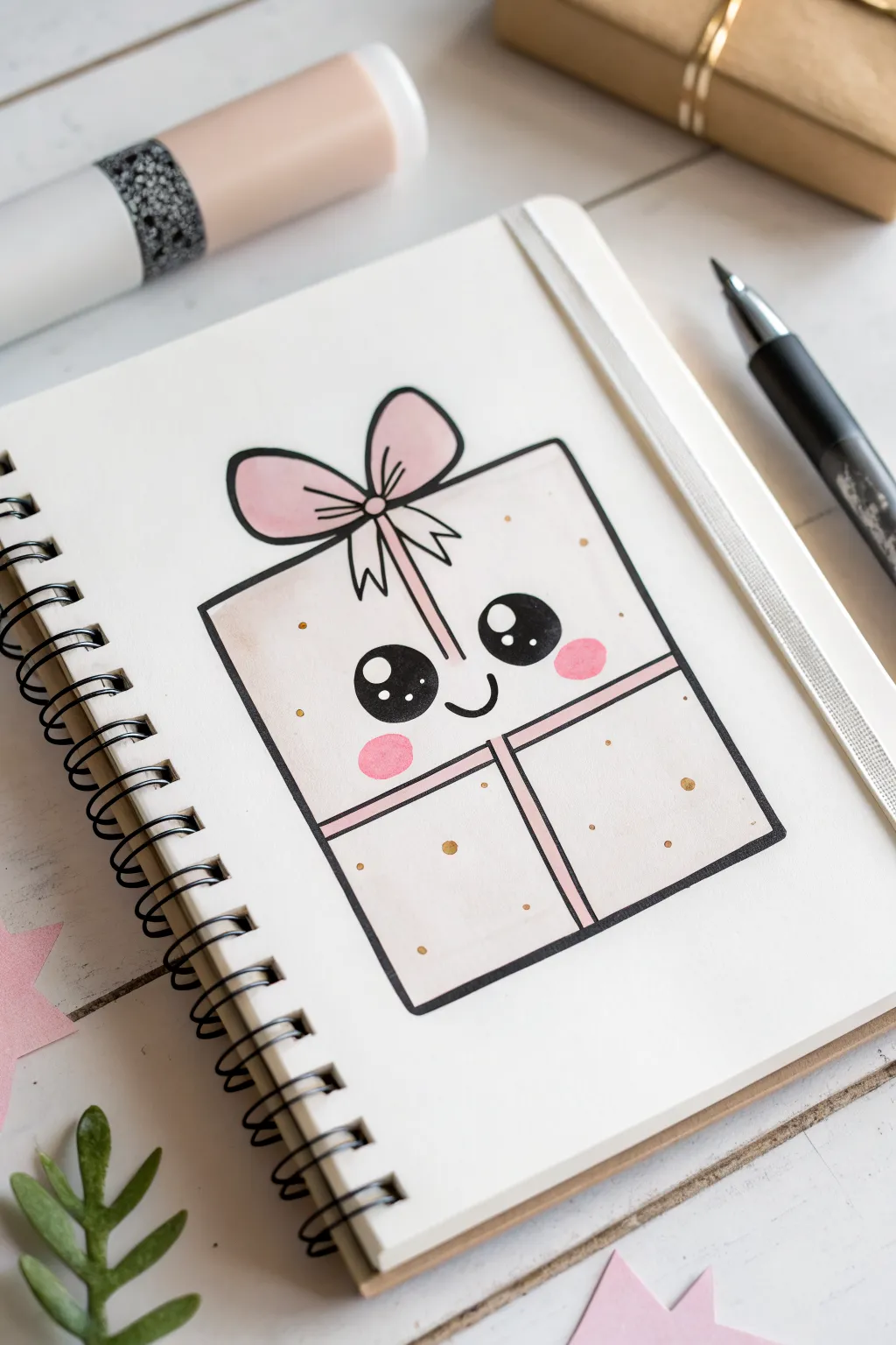 Draw a kawaii gift box with big shiny eyes, blush cheeks, and bold outlines on clean white paper