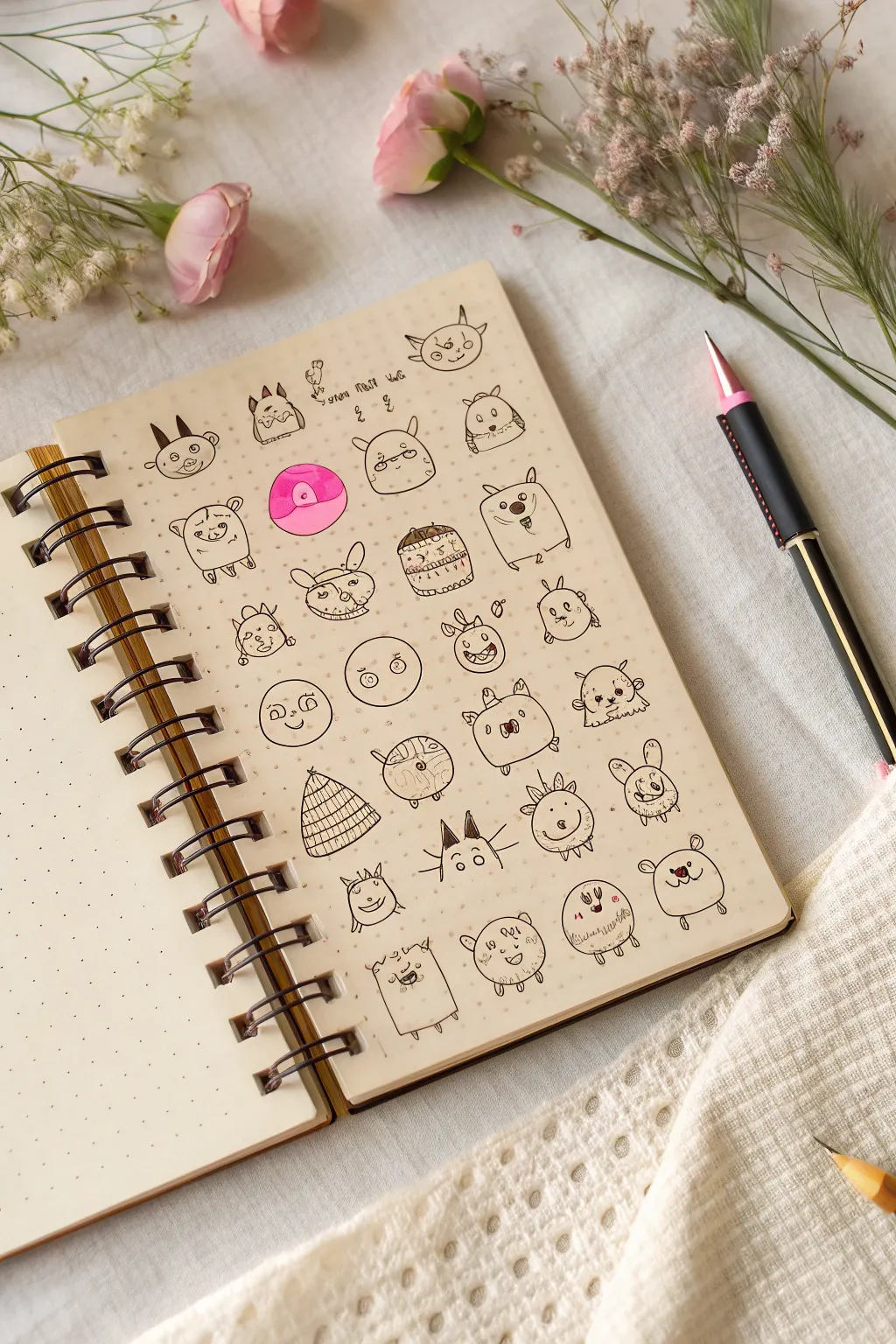 A cozy doodle sheet of mini cute monsters, perfect for quick warm-up sketch practice