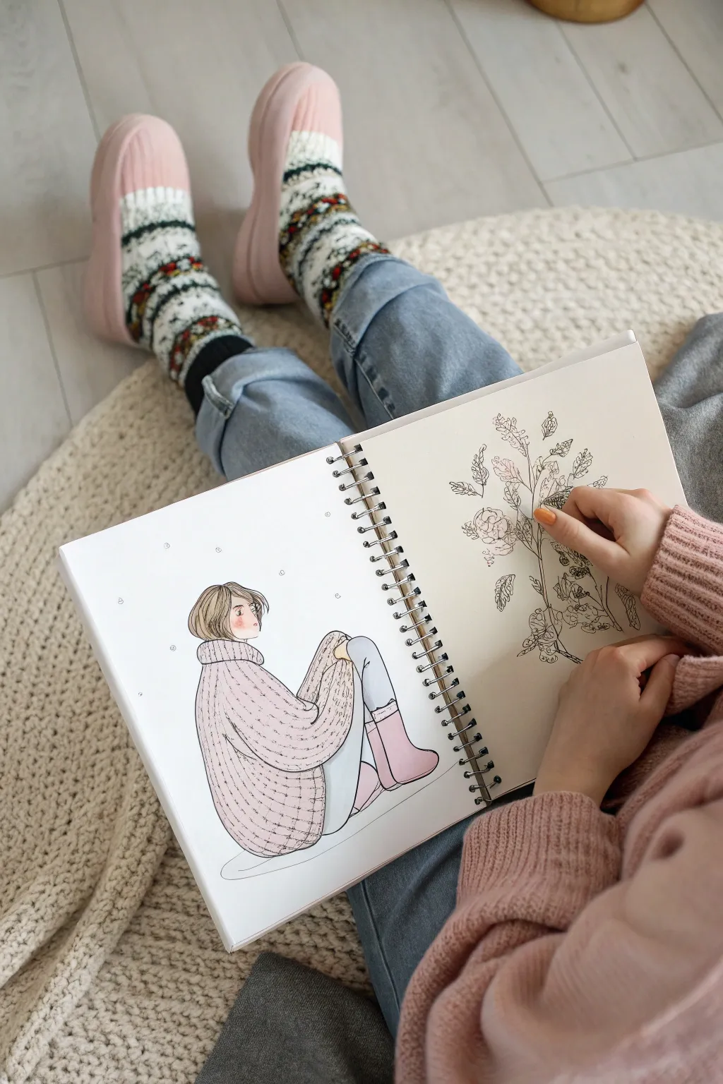 Cozy OC idea: shy sweetheart in an oversized sweater, muted pastels and soft boho calm.
