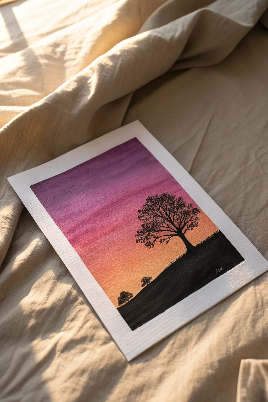 Easy oil pastel sunset gradient with a bold black silhouette, cozy minimalist drawing idea