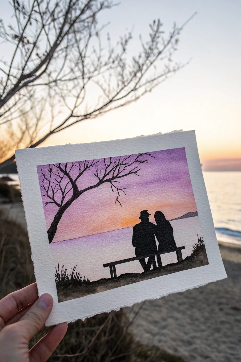 Sweet sunset couple silhouette painting idea, minimalist and romantic art to gift your boyfriend