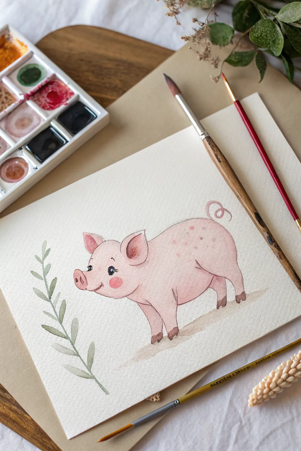 Simple circle piglet in soft pink with visible guidelines, minimalist and beginner friendly