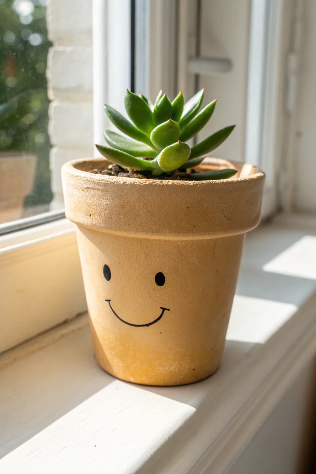 DIY simple smiley face pot with a tiny succulent hairdo, perfect for beginner pot painting