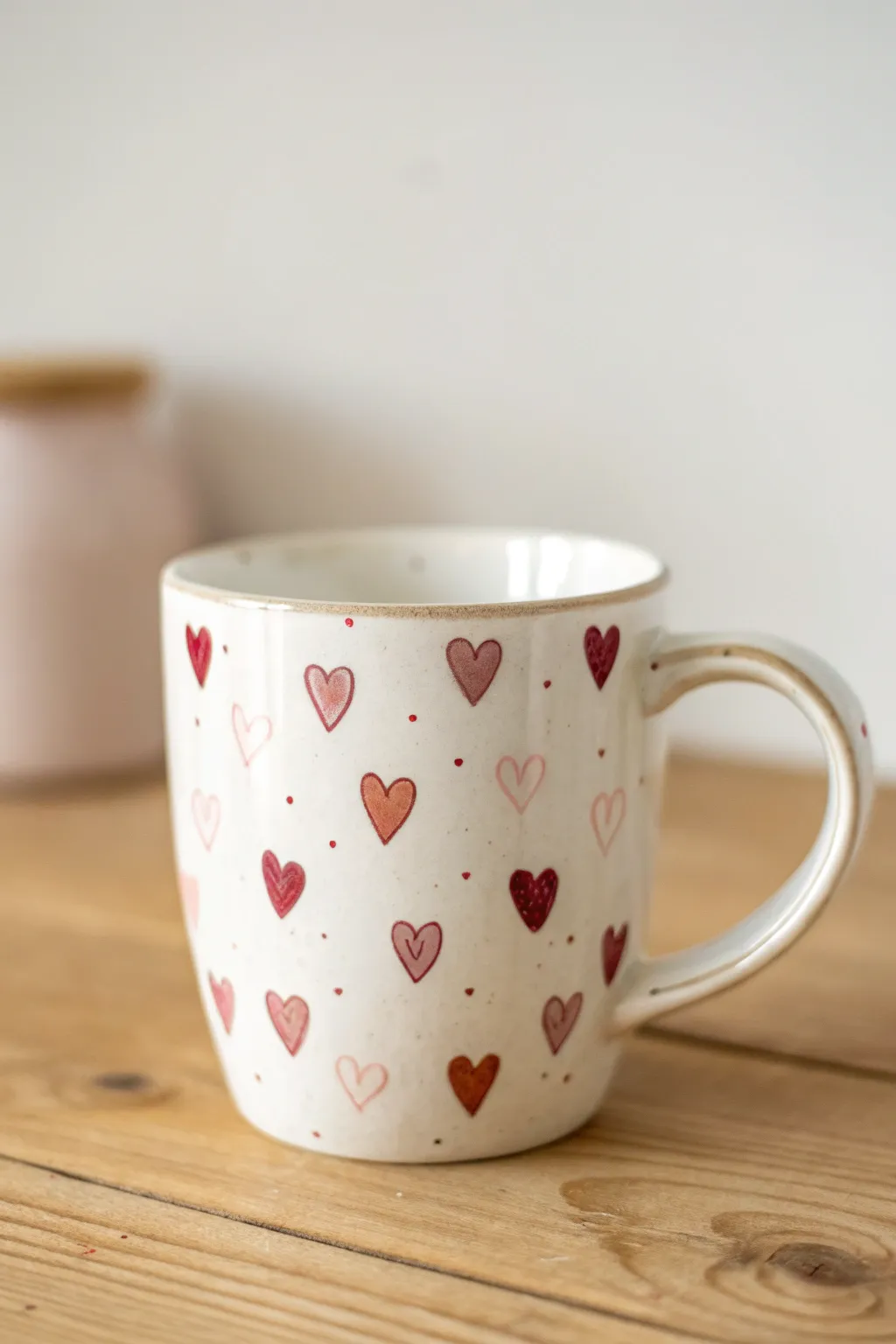 Tiny hand-painted hearts on a simple white mug, soft pinks and reds in cozy minimal style