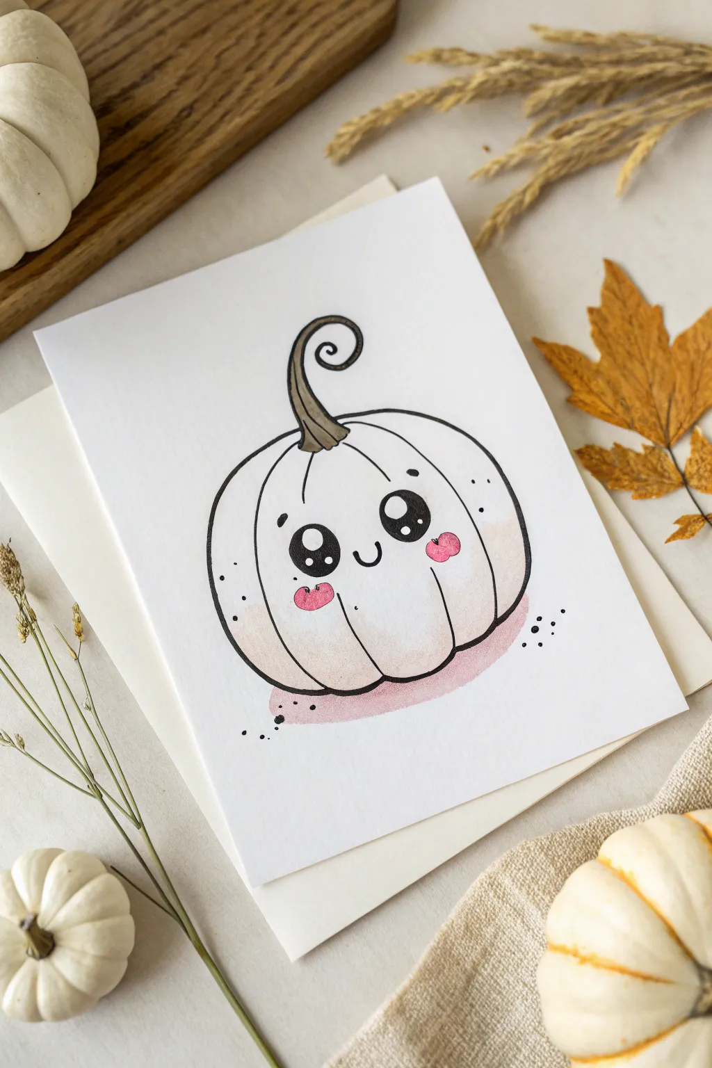Minimal kawaii pumpkin with shiny eyes and blush cheeks, perfect for cute fall doodles.