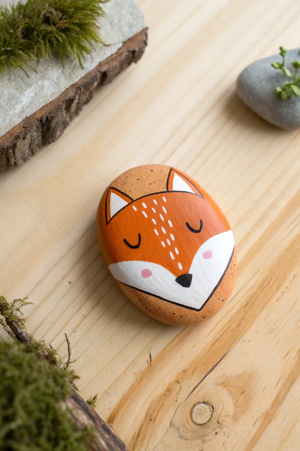 Classic fox face rock on warm wood with moss, clean lines and cozy woodland charm