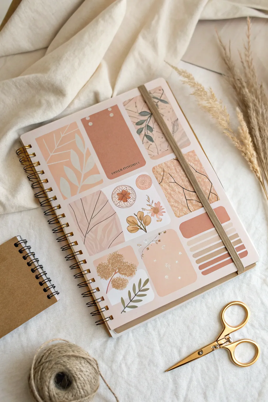 Soft pastel sticker collage on a sketchbook cover, minimal boho vibes and clean space.