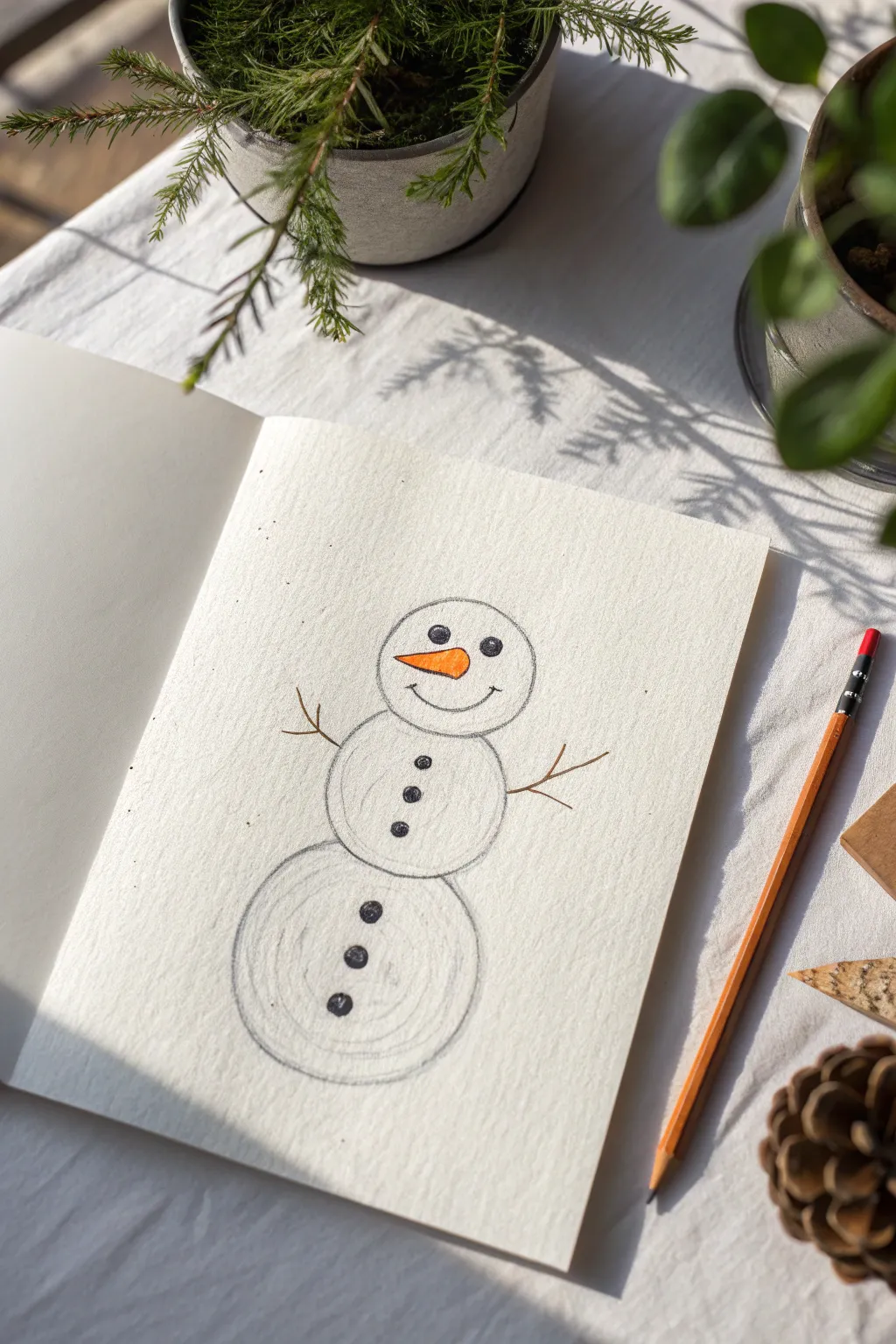 Classic stacked-circle snowman with wobbly lines, carrot nose, dot eyes, and a sweet smile.