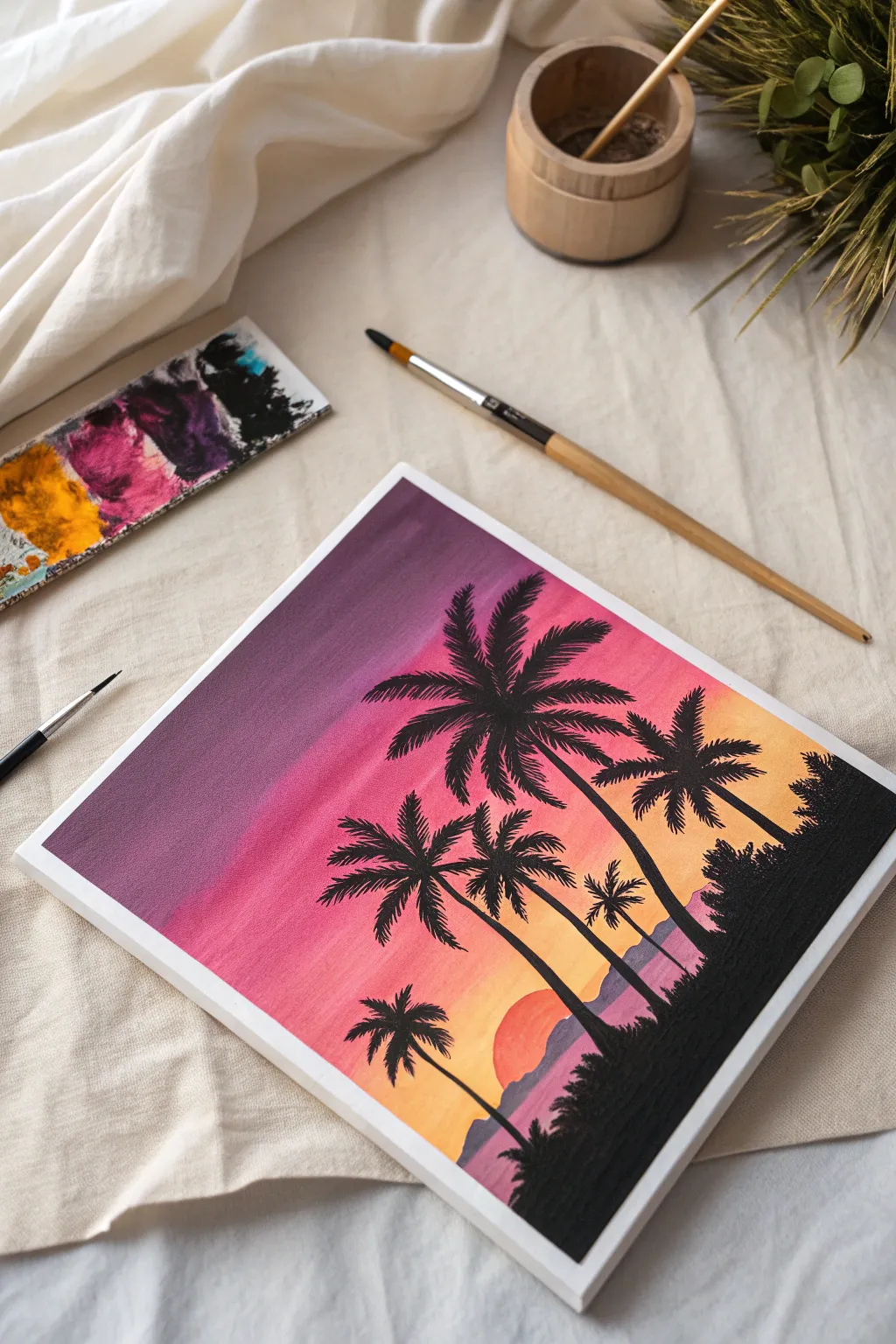 Capture the vibe of summer evenings with this vibrant tropical sunset painting idea.