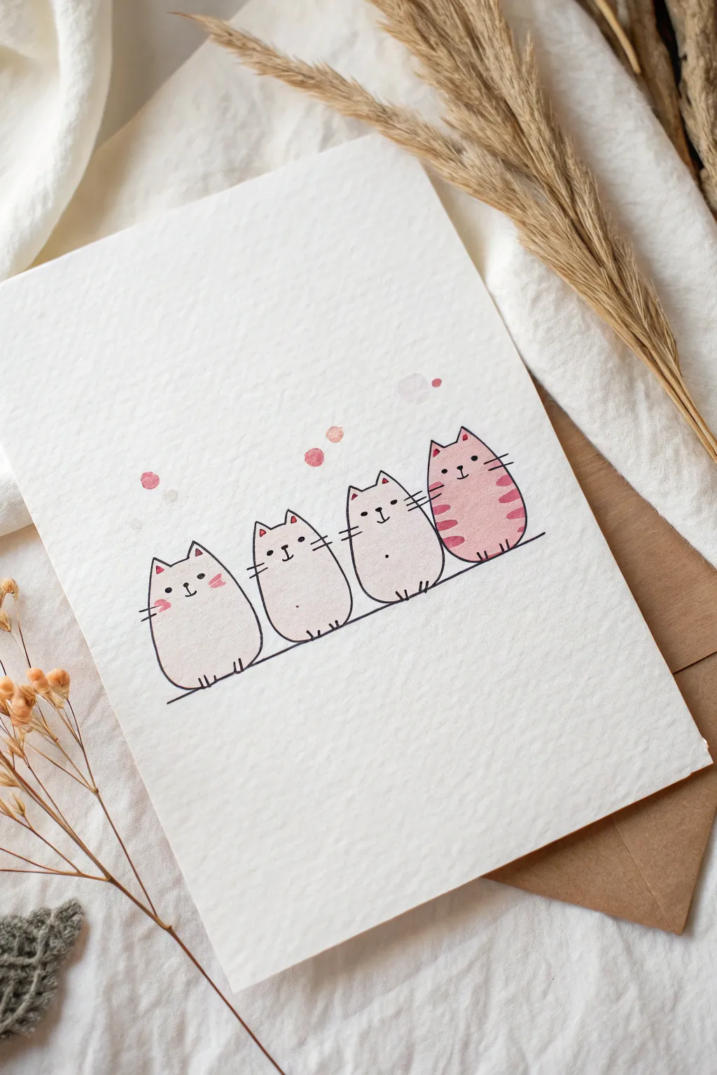 Sweet chubby watercolor kitties in soft pastels, simple round shapes, Scandinavian boho calm.
