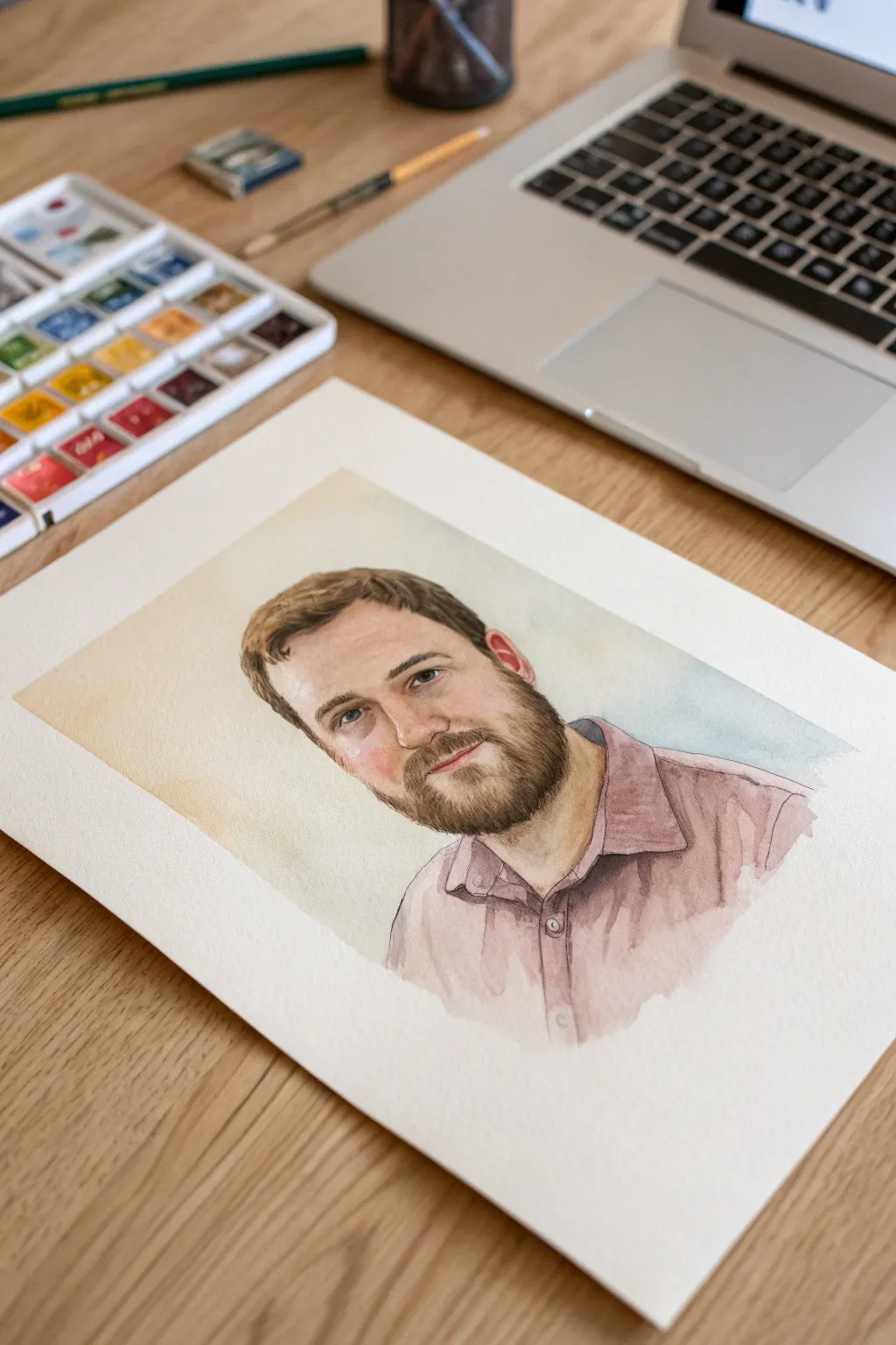 Classic painted dad portrait idea with soft wash background and simple skin-tone swatches