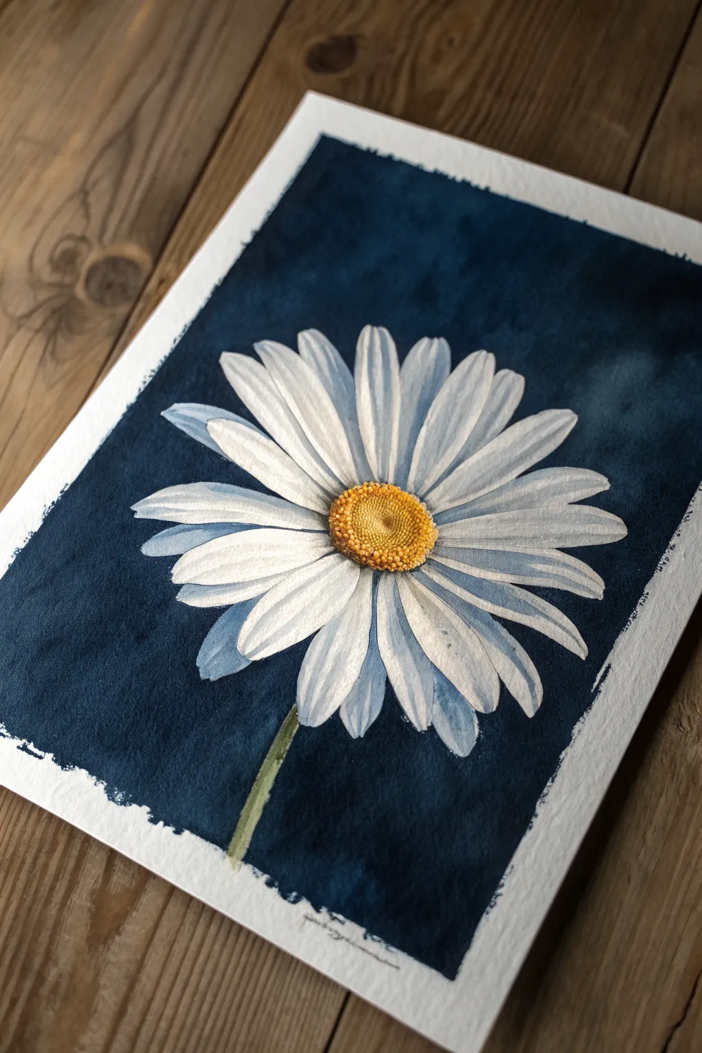 Classic single daisy on deep navy for bold contrast and a clean, minimalist painting idea