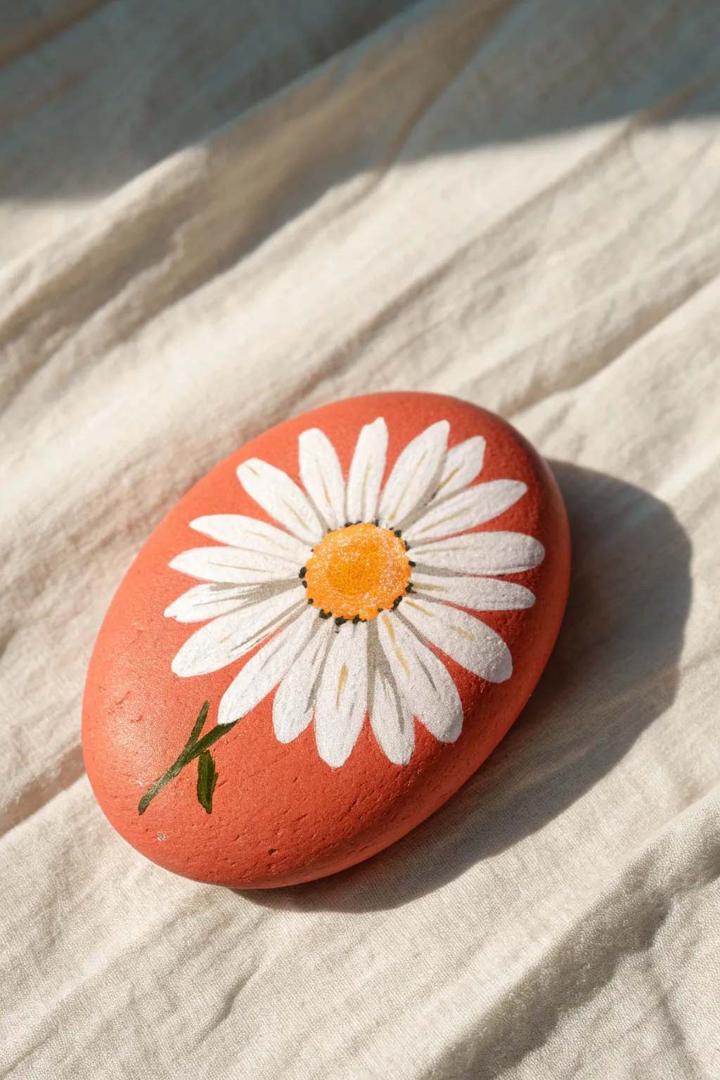 Single statement daisy rock on a bold base, minimalist Scandinavian-boho style with crisp contrast