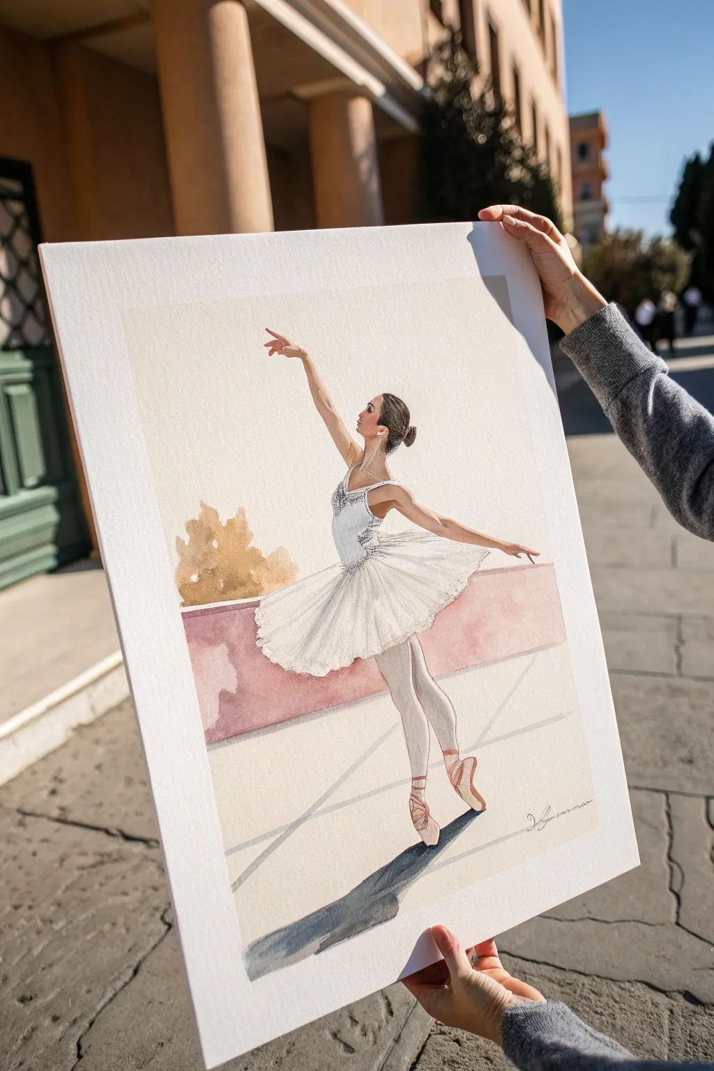 Classic arabesque ballerina painting idea with minimalist stage and soft shadows for calm contrast