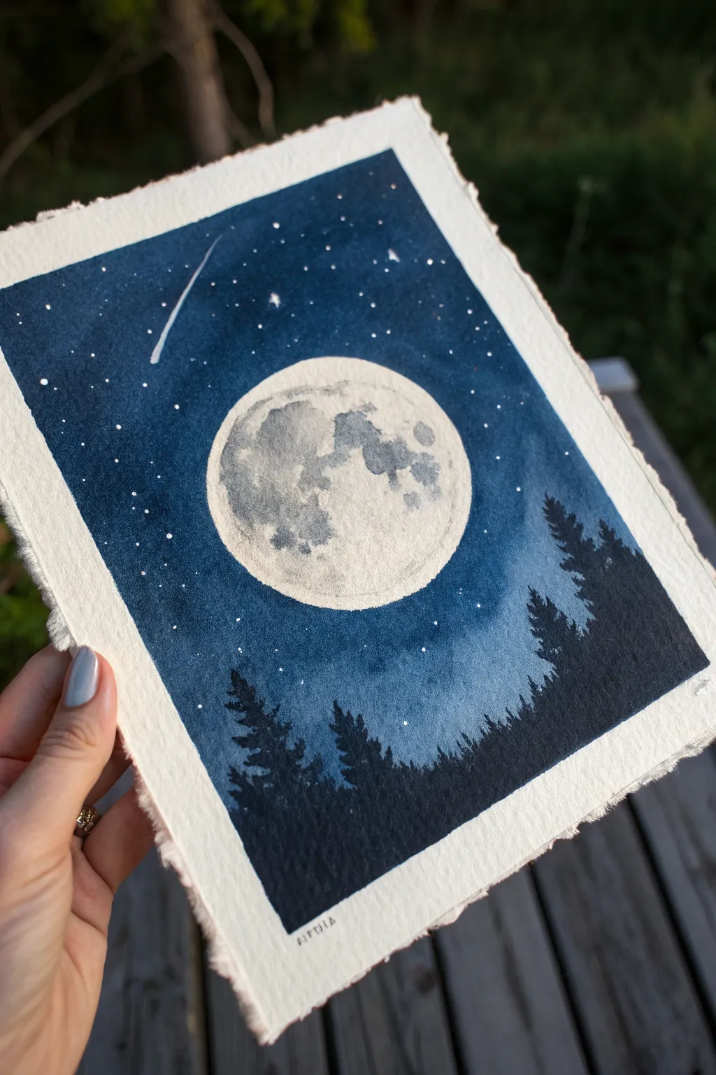 Moonlit night sky in deep indigo with a glowing haloed moon and minimal stars for dark painting mood