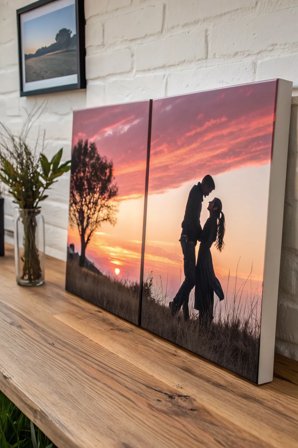 Paint one sunset on two canvases, with a shared silhouette that meets in the middle.
