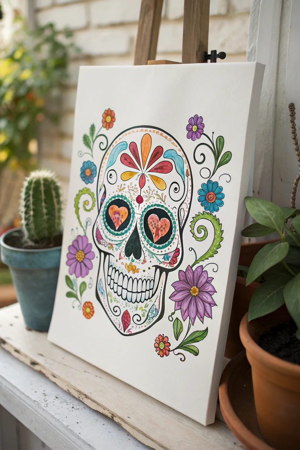 Classic symmetric sugar skull in jewel tones, clean black outlines, and minimalist boho styling
